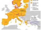 Szlaki migracji z Bliskiego Wschodu. Na pomarańczowo zaznaczono państwa członkowskie strefy Schengen. Czerwony kontur wokół państwa oznacza, że dany kraj wprowadził czasowe kotrole graniczne. Niebieskimi punktami oznaczono te przejścia graniczne, które są poddane specjalnemu nadzorowi. 