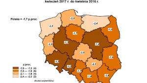 Stopa bezrobocia w kwietniu 2017, źródło: GUS
